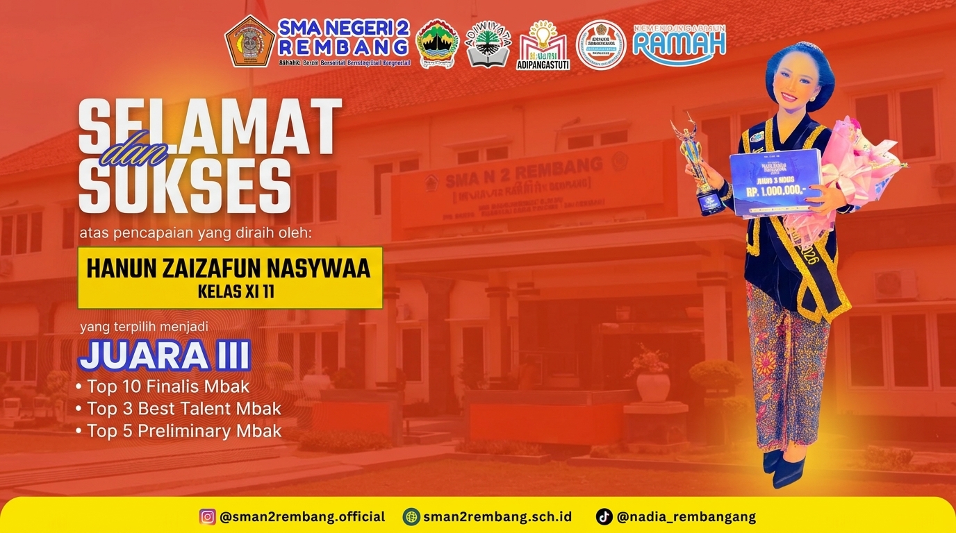 Hanun Zaizafun Nasywaa berhasil meraih gelar Juara 3 (Juara III) dalam ajang bergengsi Pemilihan Mas dan Mbak Kabupaten Rembang Tahun 2026.